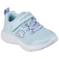 A light blue athletic shoe features a breathable mesh upper with a strap and laces for securing the foot in place designed for comfort and active movement suitable for children.