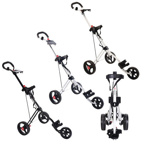 Four golf push carts are displayed in various positions showing their wheels and adjustable handles designed for transporting golf bags while navigating through golf courses.