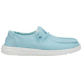 A light blue casual shoe features a soft fabric upper and a white speckled sole with a lacing system placed on the side creating a laid-back appearance suitable for relaxed settings.