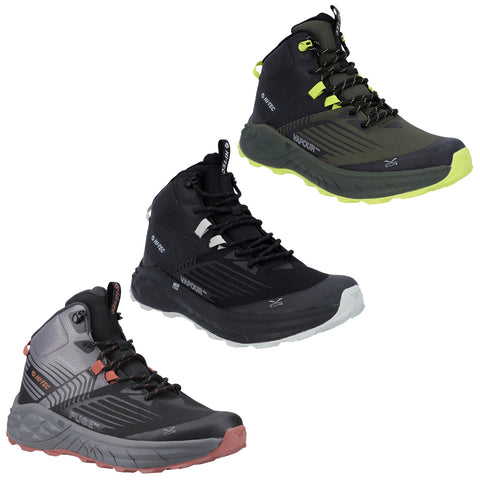 Three pairs of high-top outdoor shoes are displayed side by side showcasing black and gray color variations with bright accents each featuring a textured sole and lace-up design suitable for hiking activities