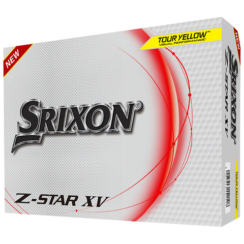 Srixon Z-Star XV golf balls are packaged in a sleek white box featuring a prominent black logo with a red design and text indicating new release and tour yellow visual performance.