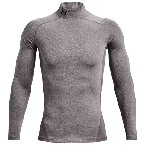 A gray long-sleeved athletic shirt with a high collar is displayed it features a fitted design emphasizing the contours of the body and has a logo on the collar