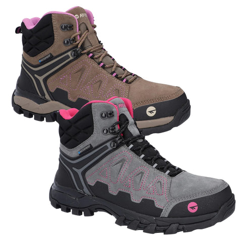 Two hiking boots are displayed side by side one is brown with pink accents and the other is gray with pink accents showcasing a rugged design for outdoor activities.