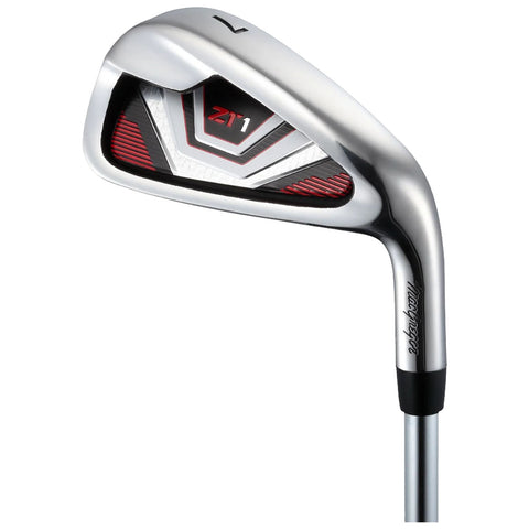 A golf club is angled to show its sleek silver blade and a detailed black and red interior design indicating model ZT1 it is lying against a plain background.