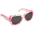 Colorful floral-patterned sunglasses are displayed angled to showcase their vibrant design against a neutral background, emphasizing their playful and cheerful style.