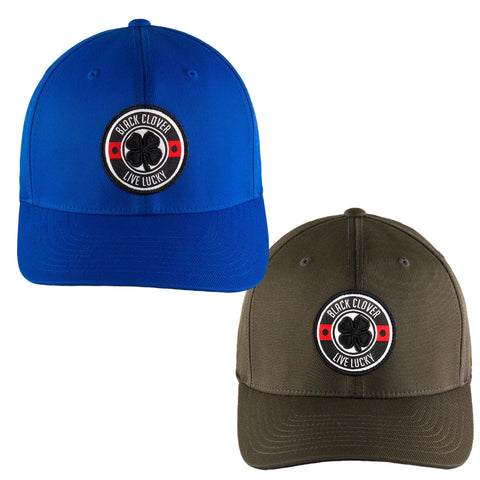 Two baseball caps are displayed. One is blue and the other is olive green. Each features a circular patch with the text "BLACK CLOVER" and "LIVE LUCKY" alongside a four-leaf clover design.