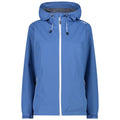 A blue waterproof jacket with a hood and white zipper stands upright. It features two side pockets and is designed for outdoor activities in wet conditions.