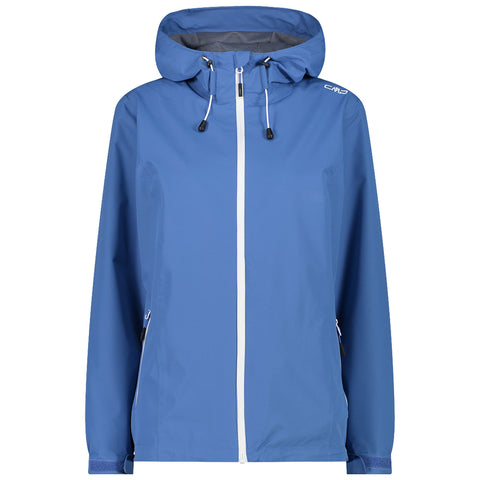 A blue waterproof jacket with a hood and white zipper stands upright. It features two side pockets and is designed for outdoor activities in wet conditions.