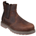 A brown leather ankle boot is prominently displayed featuring elastic side panels and a rugged sole designed for durability and comfort suitable for casual or work environments.