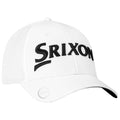 A white golf cap is prominently displayed featuring a large black "Srixon" logo across the front indicating sports apparel used by golfers in outdoor settings.