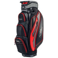 A golf bag stands upright featuring multiple zippered compartments and a mix of black and red colors with a hard base for stability positioned against an unobtrusive background.