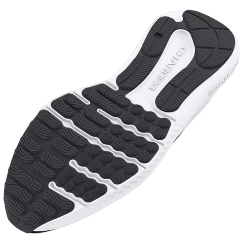 A running shoe sole features a pattern of raised grips and cushioning elements designed for traction and support during movement on various surfaces. The color is predominantly black with white elements.