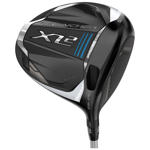 A golf club driver features a sleek black and silver design with a large head and blue accents showing the brand name. It is intended for hitting golf balls with power and accuracy.