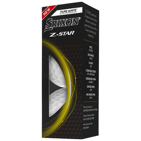 Srixon Z-Star golf ball packaging displays two white golf balls. Information highlights features like softer feel long distance and mid flight. The backdrop is black with yellow graphics and text.