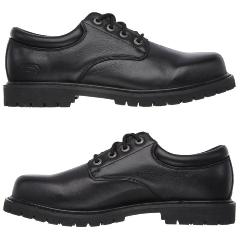 Black leather shoes are displayed from two angles showing a rounded toe and lace-up design with a thick, textured sole suitable for various surfaces.