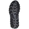 A shoe sole features alternating patterns of thick and thin tread with circular and elongated grips providing traction designed for outdoor activities on various terrains.