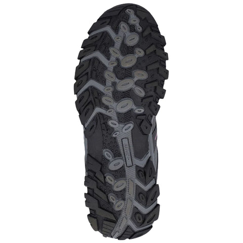 A shoe sole features alternating patterns of thick and thin tread with circular and elongated grips providing traction designed for outdoor activities on various terrains.