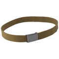 A tan fabric belt with a metallic buckle lies flat on a neutral surface showcasing its sturdy texture and simple design suitable for casual or outdoor wear.