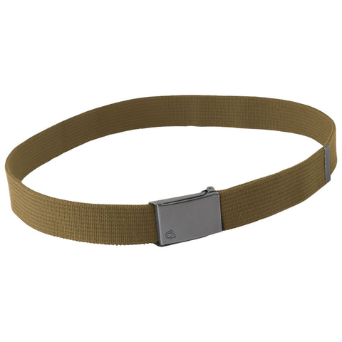 A tan fabric belt with a metallic buckle lies flat on a neutral surface showcasing its sturdy texture and simple design suitable for casual or outdoor wear.