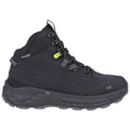 A black hiking boot stands upright featuring a rugged sole and mesh design with yellow accents and laces showing its durability and support for outdoor activities in various terrains.