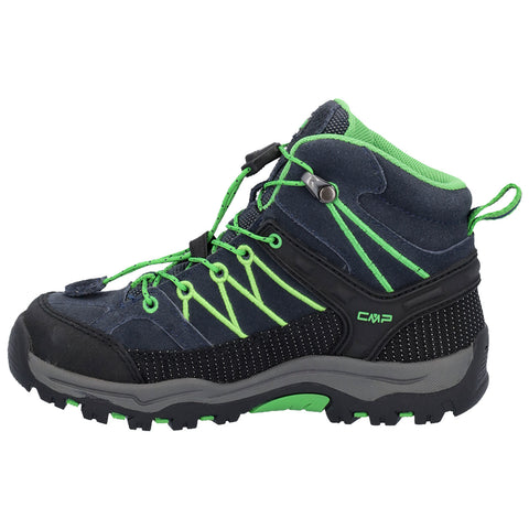 A dark blue hiking boot features green accents and laces designed for outdoor activities with a rugged sole for traction and support in various terrains.