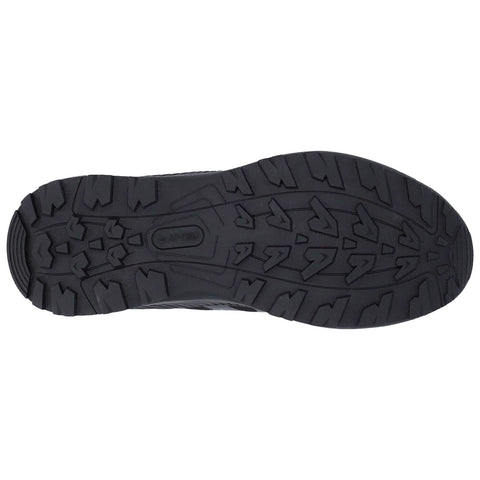 A black running shoe sole is displayed with a rugged tread pattern designed for traction showcasing various grooves and raised sections intended for grip on uneven surfaces