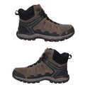 Brown hiking boots with textured patterns and black accents are displayed side by side showing their high-top design and rugged soles suggesting durability for outdoor activities.