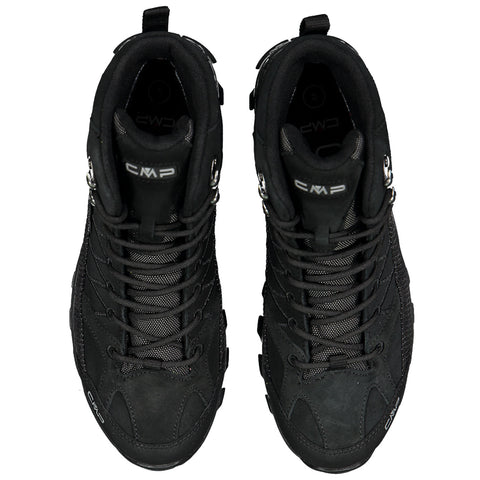 Black hiking boots are displayed upright with laces secured highlighting their rugged design suitable for outdoor activities set against a neutral background. The brand name CMP is visible on the boots.