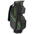 A black golf bag with green accents stands upright featuring multiple zipped pockets for storage showcasing the TaylorMade logo and a textured design enhancing its sporty appearance.