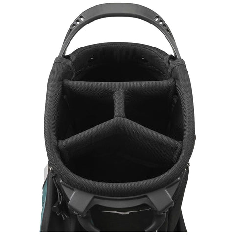 A golf bag is viewed from above featuring a spacious interior with multiple dividers for organization the bag is partially zipped and has a sturdy handle for carrying.