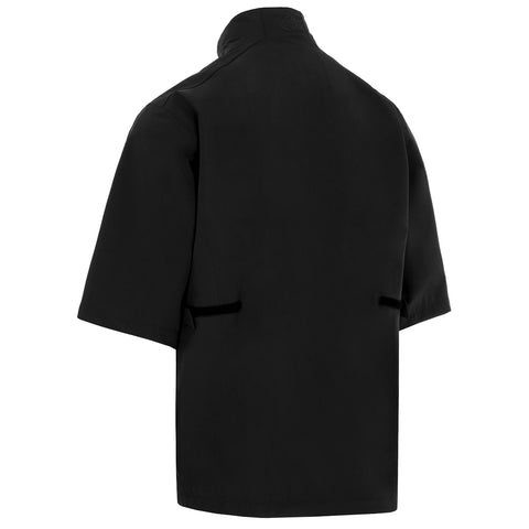 A black short-sleeved jacket is displayed from the back showcasing a high collar and minimalistic design with two side pockets emphasizing a sleek and modern appearance within a neutral background.