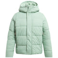 A mint green puffer jacket with a hood features a quilted design and zippered pockets The jacket appears warm and suitable for cold weather conditions