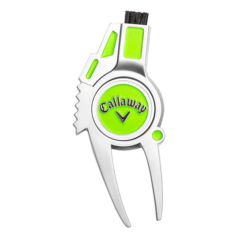 A green and silver golf accessory featuring a brush and a divot repair tool designed for maintaining golf courses and enhancing player experience blending functionality with an appealing design.