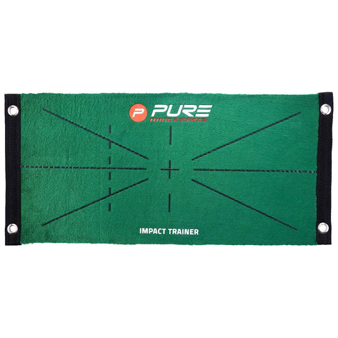 A rectangular green mat designed for practice marked with black lines indicating target areas and a brand logo at the top. It is used to improve impact accuracy in sports training.