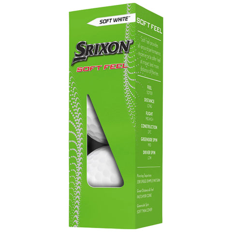 A green box displays Srixon Soft Feel golf balls showcasing a triangular window with two white balls inside highlighting features like softness distance and spin characteristics aimed at golfers.