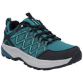 A teal and black hiking shoe displays a structured upper with geometric patterns while laces keep it secured suggesting readiness for outdoor activities in a rugged environment.