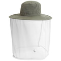 A wide-brimmed olive green hat with a removable white mesh bug net attached around the base provides protection against insects in outdoor settings