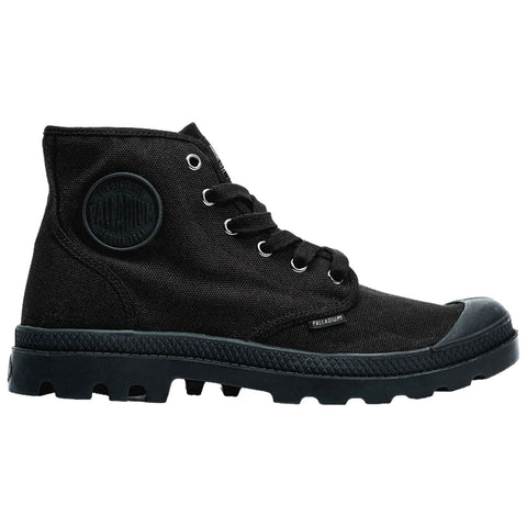 A black high-top boot made of canvas stands upright displaying six eyelets and a textured sole, fitting for casual or outdoor wear in varied environments.