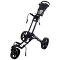 A golf push cart stands upright with three wheels ready for transport. It features a compact design and includes a handle and storage area for golf accessories in an outdoor setting.