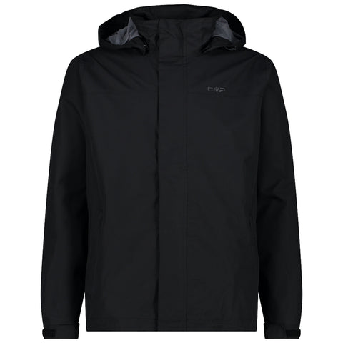 A black waterproof jacket is displayed hanging straight with a hood and zip front featuring a logo on the chest designed for outdoor weather protection and comfort.