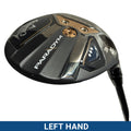 A golf club driver is prominently displayed showing its sleek black and silver design with branding. Below, a blue banner reads LEFT HAND indicating it's meant for left-handed players.