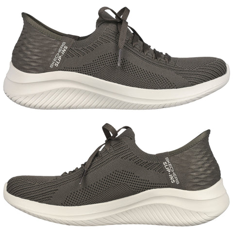 A pair of athletic shoes in dark green with a breathable mesh upper are positioned side by side showcasing their sleek design and cushioned soles in a neutral background.