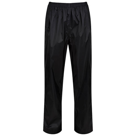 Black rain pants stand upright showcasing a smooth, shiny surface made of water-resistant fabric. They feature an elastic waistband and a straight-leg design suitable for outdoor activities in wet conditions.