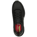 A black athletic shoe is centered in the image featuring a mesh upper and laces showcasing the brand Skechers on the side and a red insole labeled Air-Cooled.