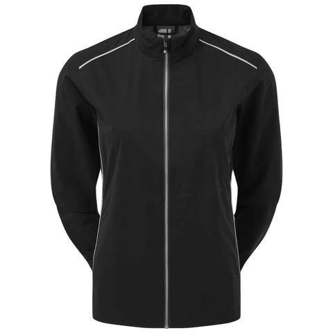 A black jacket with a high collar and zip closure is displayed. The jacket features long sleeves and reflective detailing along the shoulders, set against a plain white background.