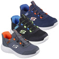 Three pairs of sports shoes are displayed together showcasing a mix of colors including navy blue black and gray. They feature elastic laces and a white sole designed for comfort and style.