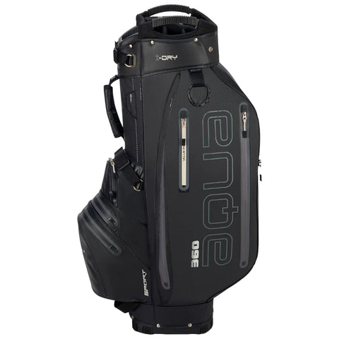 A black golf bag stands upright featuring multiple zippers and compartments with the brand name visible the design suggests durability and is suitable for outdoor sports like golf.