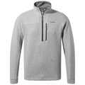 A light gray pullover sweater with a half zipper is displayed it features long sleeves and a chest pocket suitable for casual wear in cooler climates.