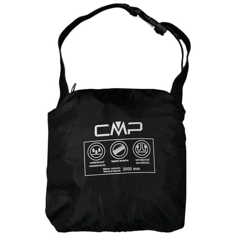 A black bag with a shoulder strap displays the CMP logo and icons indicating it is waterproof windproof and has taped seams with a water column rating of 3000 mm.