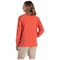 A person wearing an orange long-sleeve shirt and khaki shorts stands with their back turned, looking to the side in a well-lit, neutral background.